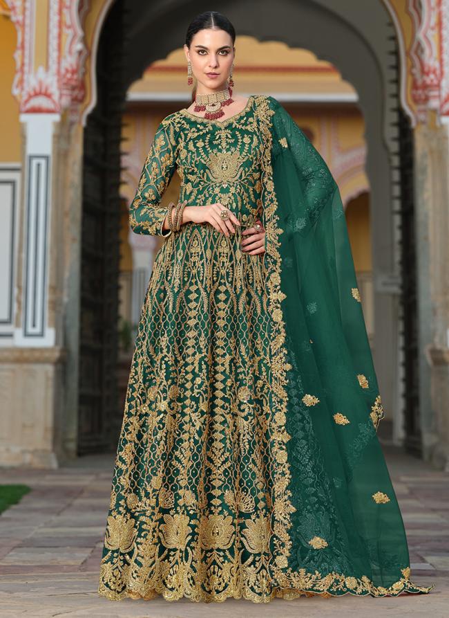 Butterfly Net Green Bridal Wear Stone Work Anarkali Suit